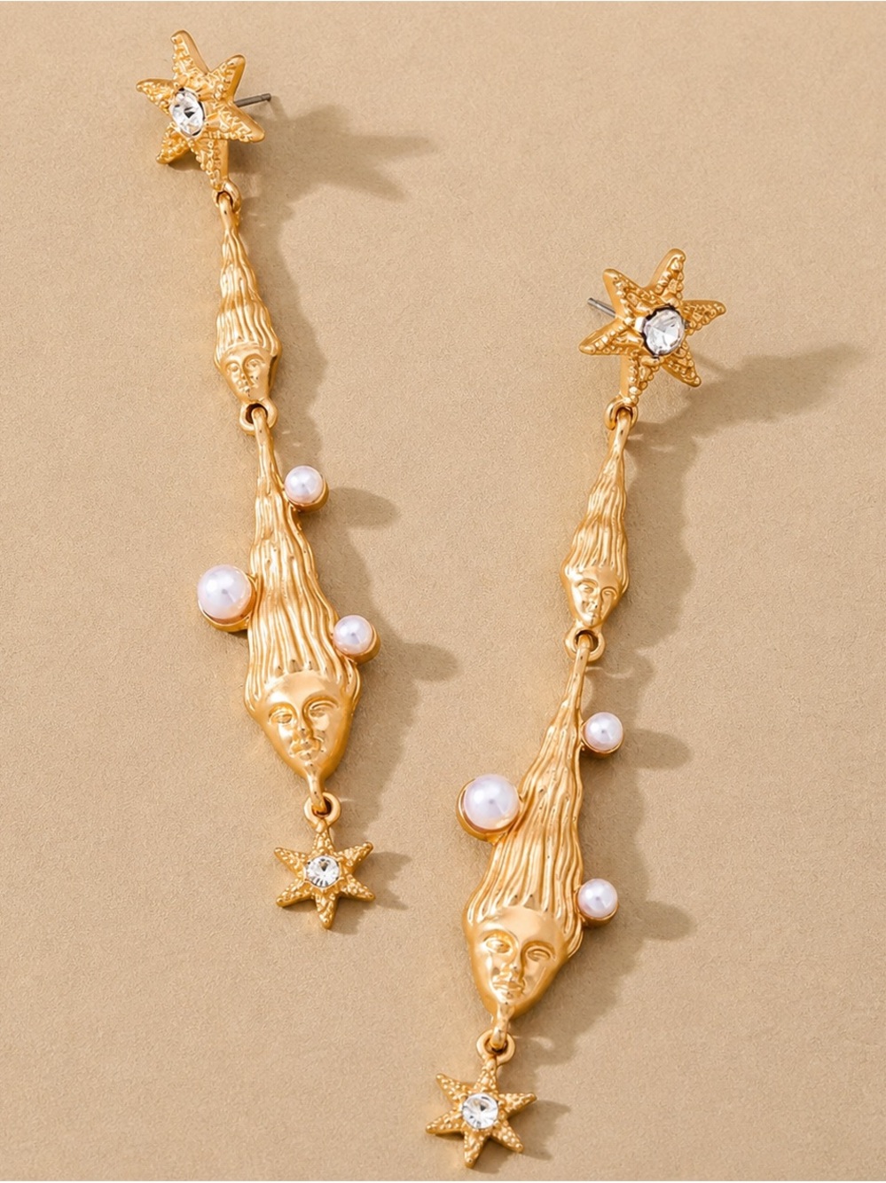 Ocean Goddess Pearl Starfish Drop Earrings | Celestial Face Statement
